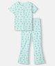 Nautinati Cotton Lycra Knit Half Sleeves Bows Printed Ribbed Coordinating Top & Bell Bottom Pant Set - Blue