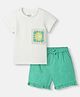 Nautinati Cotton Knit Half Sleeves Floral Crochet Designed Tee & Shorts Set - Green & White