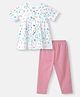 Nautinati Cotton Knit Half Sleeves Birds Printed Peplum Top & Leggings Set - White & Pink