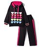 Pine Kids Looper Knit Full Sleeves Winter Wear Hooded Sweatshirt & Lounge Pant Set with Heart Print - Black & Dark Pink