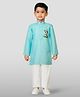 JBN Creation Cotton Woven Janmasthami Theme Full Sleeves Lord Krishna Printed Kurta Pyjama Set - Aqua Blue