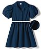 Hola Bonita Knit Half Sleeves Solid Color Textured Fabric Dress with Belt - Teal Blue