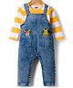 Babyhug Denim Dungaree & Single Jersey Knit Full Sleeves Striped Inner Tee With Animal Embroidery - Blue Yellow & White