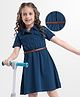 Hola Bonita Knit Half Sleeves Solid Textured Fabric Dress with Belt and Pocket - Navy Blue