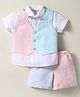 ToffyHouse Cotton Woven Half Sleeves 3 Piece Party Suit with Bow - White & Pink