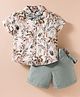 ToffyHouse Cotton Woven Half Sleeves Floral Print Shirt & Shorts Set with Bow & Suspender - Teal Blue & Multicolor