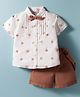 ToffyHouse Cotton Woven Half Sleeves Text Print Shirt & Shorts Set with Bow & Suspender - Maroon & White