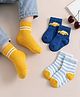 Cute Walk by Babyhug Knit Ankle Length Anti Bacterial Socks with Stripes & Vehicle Design Pack of 3 - Navy Blue & Light Blue