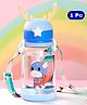 Bubble Trouble Plastic Deer Horn Shape Water Bottle With Straw & Strap BPA Free Non-Toxic, Anti-Leak With Cartoon Design Water Bottle For Kids, School, Home (600ml) - Blue