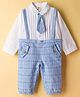 ToffyHouse Cotton Knit Full Sleeves Dungaree Style Party Rompers with Checks & Attached Tie - White & Light Blue