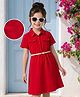 Hola Bonita Knit Half Sleeves Solid Textured Fabric Dress with Belt and Pocket - Red