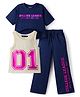 Pine Kids Single Jersey Knit Half Sleeves Twofer Style Top and Palazzo Set with College League Print - Navy Blue & Grey