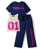 Pine Kids Single Jersey Knit Half Sleeves Twofer Style Top and Palazzo Set with College League Print - Navy Blue & Grey