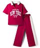 Pine Kids Single Jersey Knit Half Sleeves Top & Palazzo Set with New York Print & Tape Detailing - Dark Pink