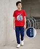 Pine Kids Single Jersey Knit Half Sleeves T-Shirt & Lounge Pant With Text Print - Red & Navy Blue
