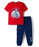 Pine Kids Single Jersey Knit Half Sleeves T-Shirt & Lounge Pant With Text Print - Red & Navy Blue