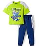 Pine Kids Single Jersey Knit Half Sleeves T-Shirt & Lounge Pant Set With Text Print - Lime Green & Navy Blue