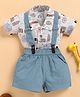 Wonderchild Half Sleeves Elephant Printed Shirt & Shorts With Suspender Set - Beize & Slate