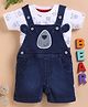 Wonderchild Teddy Bear Printed & Embroidered Dungaree With Half Sleeves Tee Set - White & Denim