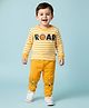 Babyhug Terry Knit Full Sleeves T-Shirt & Joggers Set with Stripes Roar Text Print & Tiger Applique - White & Yellow