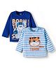Doodle Poodle 100% Cotton Knit Full Sleeves T-Shirts with Stripes & Lion Print Pack of 2 - White Navy Blue & Light Blue