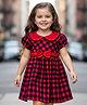 Babyhug Cotton Woven Half Sleeves Peter Pan Collar With Checks & Bow Applique - Red & Navy Blue