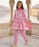 Pine Kids Cotton Woven Three Fourth Sleeves Kurta Salwar & Dupatta Set with Floral Print - Pink