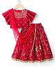 Babyhug Brocade Woven Flutter Sleeves Choli Lehenga & Dupatta Set with Floral Embroidery & Print - Red
