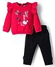 ToffyHouse Knit Full Sleeves Top & Leggings Set With Bunny Print - Red & Black