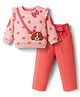ToffyHouse Knitted Full Sleeves Top and Joggers Set With Polka Dots Dog Patch Embroidery & Bow Appilque - Coral