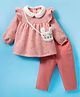 ToffyHouse Knitted Full Sleeves Heart Printed Top & Leggings Set with Sling Bag Applique & Frill Detailing - Peach
