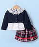 ToffyHouse Knitted Full Sleeves Star Printed Top & Checkered Skirt Set with Jacket - Navy Blue & White