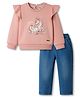 ToffyHouse Knit Full Sleeves Top & Denim Jeans Set With Unicorn Print - Light Red