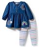 ToffyHouse Cotton Woven Full Sleeves Top & Striped Leggings Set with Tropical Theme Embroidery - Navy Blue
