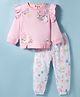 ToffyHouse Knitted Woven Full Sleeves Top & Jogger Set with Floral Embroidery & Print - Baby Pink