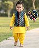 Babyhug Cotton Woven Full Sleeves Kurta Dhoti & Floral Embroidered Jacket Set - Yellow