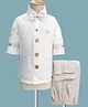 Rikidoos Full Sleeves Striped & Leaves Printed 3 Piece Party Suit With Bow Set - White & Beige