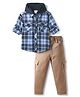 Rikidoos Full Sleeves Checked Hooded Shirt & Pant Set - Navy Blue & Light Brown