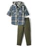 Rikidoos Full Sleeves Checked Hooded Shirt & Pant Set - Blue & Olive Green