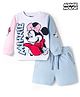 Bonfino Disney Terry Knit Full Sleeves T-Shirt & Shorts Set with Minnie Mouse Graphic & Badge Detailing - Light Blue