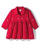 Babyhug Cotton Knit Full Sleeves Front Open Frock with Floral Embroidery - Red