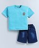 CUTOPIES Cotton Knit Half Sleeves Teddy Bear Patch Detailed Tee & Shorts Set - Blue