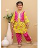 Junitos Cotton Woven Three Fourth Sleeves Floral Printed & Gota Lace Embellished Attached Jacket Kurti With Dhoti Pant Set - Yellow & Pink