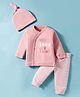 I Bears Knitted Full Sleeves Night Suit with Cap & Text Print - Pink