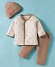 I Bears Knitted Full Sleeves Night Suit with Cap & Ship Print - Ivory & Brown