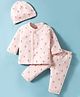 I Bears Knitted Full Sleeves Night Suit with Cap & Floral Print - Peach