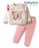 Babyoye Knit Full Sleeves Winter Wear T-Shirt & Lounge Pant With Butterfly Embriodery - Cream