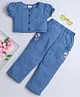 Bright Stars KIDSWEAR Woven Half Puffed Sleeves Solid Top & Tree Embroidered Pant Set - Blue