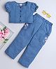 Bright Stars KIDSWEAR Woven Half Puffed Sleeves Solid Top & Tree Embroidered Pant Set - Blue