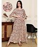 COLOR STUDIO Georgette Woven Three Fourth Bell Sleeves Floral Printed Maternity Maxi Dress With Nursing Access - Beige